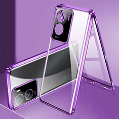 Luxury Aluminum Metal Frame Mirror Cover Case 360 Degrees P01 for Vivo Y35 5G Purple