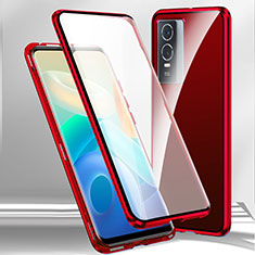 Luxury Aluminum Metal Frame Mirror Cover Case 360 Degrees P02 for Vivo Y74s 5G Red