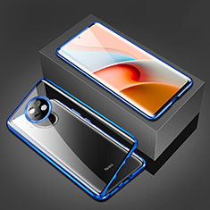 Luxury Aluminum Metal Frame Mirror Cover Case 360 Degrees P03 for Xiaomi Redmi Note 9 5G Blue