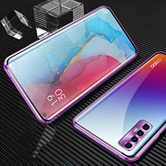 Luxury Aluminum Metal Frame Mirror Cover Case 360 Degrees T04 for Oppo Reno3 Pro Purple