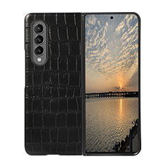 Luxury Leather Matte Finish and Plastic Back Cover Case B02 for Samsung Galaxy Z Fold3 5G Black