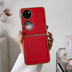 Luxury Leather Matte Finish and Plastic Back Cover Case B02H for Huawei P50 Pocket Red