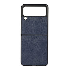 Luxury Leather Matte Finish and Plastic Back Cover Case B04 for Samsung Galaxy Z Flip3 5G Blue