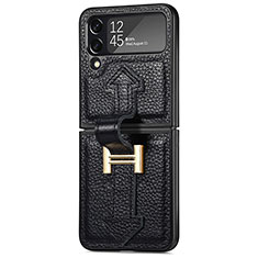 Luxury Leather Matte Finish and Plastic Back Cover Case B04 for Samsung Galaxy Z Flip4 5G Black