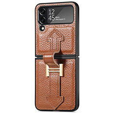 Luxury Leather Matte Finish and Plastic Back Cover Case B04 for Samsung Galaxy Z Flip4 5G Brown