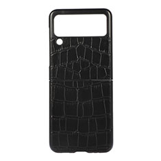 Luxury Leather Matte Finish and Plastic Back Cover Case B05 for Samsung Galaxy Z Flip3 5G Black