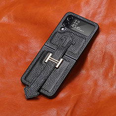 Luxury Leather Matte Finish and Plastic Back Cover Case B05 for Samsung Galaxy Z Flip4 5G Black