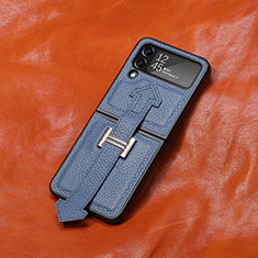 Luxury Leather Matte Finish and Plastic Back Cover Case B05 for Samsung Galaxy Z Flip4 5G Blue