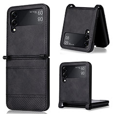 Luxury Leather Matte Finish and Plastic Back Cover Case BY1 for Samsung Galaxy Z Flip3 5G Black