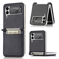 Luxury Leather Matte Finish and Plastic Back Cover Case H01 for Samsung Galaxy Z Flip3 5G Black