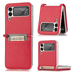 Luxury Leather Matte Finish and Plastic Back Cover Case H01 for Samsung Galaxy Z Flip3 5G Red