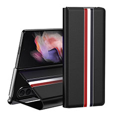 Luxury Leather Matte Finish and Plastic Back Cover Case H02 for Samsung Galaxy Z Fold3 5G Black