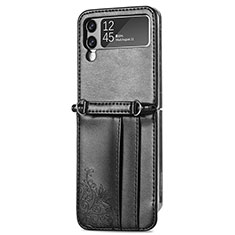 Luxury Leather Matte Finish and Plastic Back Cover Case H04 for Samsung Galaxy Z Flip3 5G Black