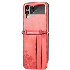 Luxury Leather Matte Finish and Plastic Back Cover Case H04 for Samsung Galaxy Z Flip3 5G Red