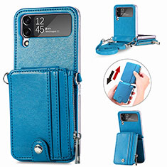 Luxury Leather Matte Finish and Plastic Back Cover Case H06 for Samsung Galaxy Z Flip4 5G Blue