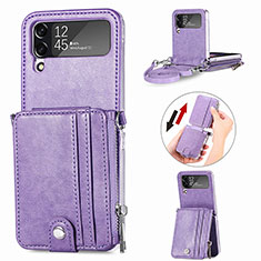 Luxury Leather Matte Finish and Plastic Back Cover Case H06 for Samsung Galaxy Z Flip4 5G Purple