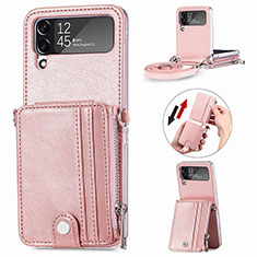 Luxury Leather Matte Finish and Plastic Back Cover Case H06 for Samsung Galaxy Z Flip4 5G Rose Gold