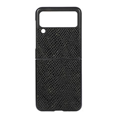 Luxury Leather Matte Finish and Plastic Back Cover Case H08 for Samsung Galaxy Z Flip3 5G Black