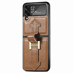 Luxury Leather Matte Finish and Plastic Back Cover Case L05 for Samsung Galaxy Z Flip3 5G Brown