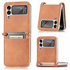 Luxury Leather Matte Finish and Plastic Back Cover Case L05 for Samsung Galaxy Z Flip4 5G Brown