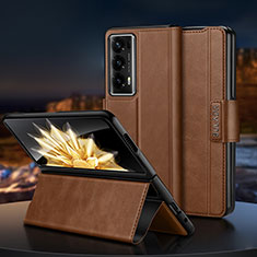 Luxury Leather Matte Finish and Plastic Back Cover Case LD2 for Huawei Honor Magic V2 5G Brown