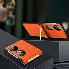 Luxury Leather Matte Finish and Plastic Back Cover Case LD2 for Huawei P50 Pocket Orange