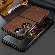 Luxury Leather Matte Finish and Plastic Back Cover Case LD3 for Huawei P50 Pocket Brown