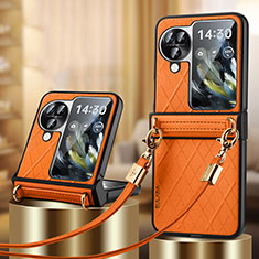 Luxury Leather Matte Finish and Plastic Back Cover Case LD3 for Oppo Find N3 Flip 5G Orange