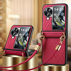 Luxury Leather Matte Finish and Plastic Back Cover Case LD3 for Oppo Find N3 Flip 5G Red