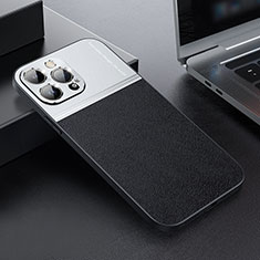 Luxury Leather Matte Finish and Plastic Back Cover Case QC1 for Apple iPhone 14 Pro Max Silver