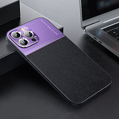 Luxury Leather Matte Finish and Plastic Back Cover Case QC1 for Apple iPhone 15 Pro Purple