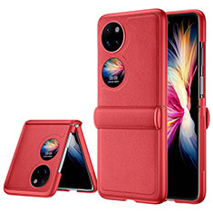 Luxury Leather Matte Finish and Plastic Back Cover Case QK2 for Huawei P50 Pocket Red