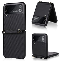 Luxury Leather Matte Finish and Plastic Back Cover Case R04 for Samsung Galaxy Z Flip3 5G Black