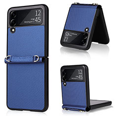 Luxury Leather Matte Finish and Plastic Back Cover Case R04 for Samsung Galaxy Z Flip3 5G Blue