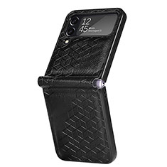 Luxury Leather Matte Finish and Plastic Back Cover Case R04 for Samsung Galaxy Z Flip4 5G Black