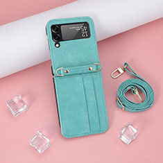 Luxury Leather Matte Finish and Plastic Back Cover Case R06 for Samsung Galaxy Z Flip3 5G Cyan