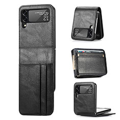 Luxury Leather Matte Finish and Plastic Back Cover Case R09 for Samsung Galaxy Z Flip4 5G Black