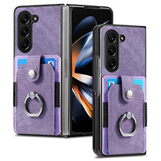 Luxury Leather Matte Finish and Plastic Back Cover Case S01D for Samsung Galaxy Z Fold5 5G Purple