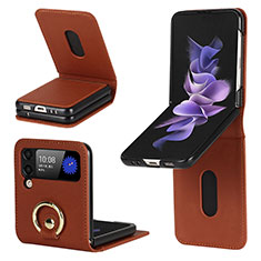 Luxury Leather Matte Finish and Plastic Back Cover Case S02 for Samsung Galaxy Z Flip3 5G Brown