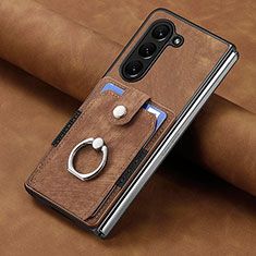 Luxury Leather Matte Finish and Plastic Back Cover Case S02D for Samsung Galaxy Z Fold5 5G Brown