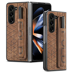 Luxury Leather Matte Finish and Plastic Back Cover Case S03D for Samsung Galaxy Z Fold5 5G Brown