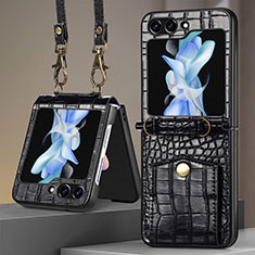 Luxury Leather Matte Finish and Plastic Back Cover Case S05D for Samsung Galaxy Z Flip5 5G Black