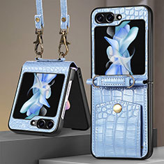 Luxury Leather Matte Finish and Plastic Back Cover Case S05D for Samsung Galaxy Z Flip5 5G Blue