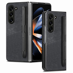 Luxury Leather Matte Finish and Plastic Back Cover Case S05D for Samsung Galaxy Z Fold5 5G Black