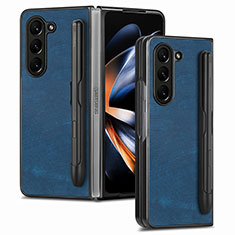 Luxury Leather Matte Finish and Plastic Back Cover Case S05D for Samsung Galaxy Z Fold5 5G Blue