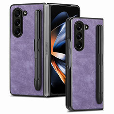 Luxury Leather Matte Finish and Plastic Back Cover Case S05D for Samsung Galaxy Z Fold5 5G Purple