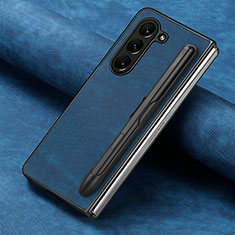 Luxury Leather Matte Finish and Plastic Back Cover Case S06D for Samsung Galaxy Z Fold5 5G Blue