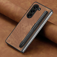 Luxury Leather Matte Finish and Plastic Back Cover Case S06D for Samsung Galaxy Z Fold5 5G Brown