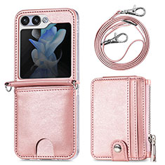 Luxury Leather Matte Finish and Plastic Back Cover Case S07D for Samsung Galaxy Z Flip5 5G Rose Gold