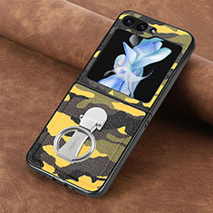 Luxury Leather Matte Finish and Plastic Back Cover Case S09D for Samsung Galaxy Z Flip5 5G Yellow